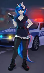 Size: 1739x2866 | Tagged: suggestive, artist:u_lu_lu, derpibooru import, oc, oc:mind, anthro, unicorn, breasts, cuffs, hand on hip, image, looking at you, makeup, piercing, png, police, police car, police uniform, solo, standing, tattoo, tights