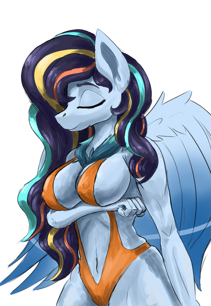 Size: 1704x2478 | Tagged: suggestive, artist:ryanmandraws, derpibooru import, oc, oc:neon winds, unofficial characters only, anthro, pegasus, arm under breasts, bikini, breasts, clothes, female, image, mature, pegasus oc, png, revealing, solo, solo female, swimsuit, wings