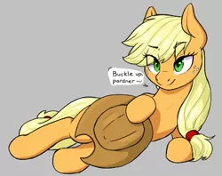 Size: 440x348 | Tagged: suggestive, artist:anonymous, applejack, earth pony, pony, aggie.io, hat, image, implied futa, lying down, png, simple background, smiling, solo