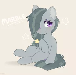 Size: 780x770 | Tagged: safe, artist:higgly-chan, derpibooru import, marble pie, earth pony, pony, alternate hairstyle, cream background, cute, ear fluff, eye clipping through hair, female, hair tie, image, marblebetes, mare, png, signature, simple background, sitting, solo, stars