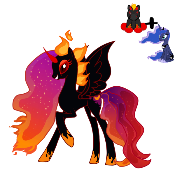 Size: 3464x3464 | Tagged: safe, artist:queenzodiac, artist:vernorexia, derpibooru import, nightmare moon, princess luna, oc, unnamed oc, alicorn, pony, base used, black coat, colored eyelashes, demon horns, evil, evil grin, fire, fusion, gradient mane, grin, horns, image, mane of fire, png, princess, red eyes, red sclera, requested art, simple background, smiling, solo, spread wings, transparent background, webkinz, webkinz night mare, wings