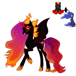 Size: 3464x3464 | Tagged: safe, artist:queenzodiac, artist:vernorexia, derpibooru import, nightmare moon, princess luna, oc, unnamed oc, alicorn, pony, base used, black coat, colored eyelashes, demon horns, evil, evil grin, fire, fusion, gradient mane, grin, horns, image, mane of fire, png, princess, red eyes, red sclera, requested art, simple background, smiling, solo, spread wings, transparent background, webkinz, webkinz night mare, wings
