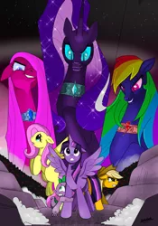 Size: 2452x3508 | Tagged: safe, artist:shikidark, derpibooru import, applejack, fluttershy, nightmare rarity, pinkie pie, rainbow dash, rarity, spike, twilight sparkle, twilight sparkle (alicorn), alicorn, pony, corrupted, female, image, jpeg, mane seven, mane six, mare, nightmare pinkie, nightmare rainbow dash, nightmarified, red eyes