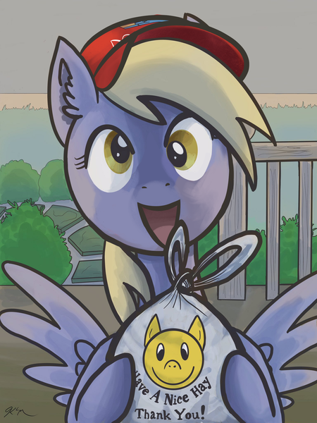 Size: 1536x2048 | Tagged: safe, artist:catscratchpaper, editor:edits of hate, editor:unofficial edits thread, derpy hooves, pegasus, pony, bag, cute, delivery, derp, derpabetes, doordash, ear fluff, female, food, hat, helpful, hoof hold, image, looking at you, mare, open smile, png, porch, pun, smiling, solo, spread wings, wings