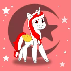 Size: 719x716 | Tagged: safe, artist:tialtri, derpibooru import, oc, oc:sinar bulan indonesia, alicorn, pony, my little pony: tell your tale, female, g4, g4 to g5, g5, generation leap, grin, hair tie, hooves, horn, image, indonesia, looking at you, mare, moon, png, smiling, solo, stars, unshorn fetlocks, wings