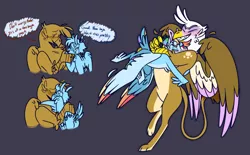 Size: 640x396 | Tagged: suggestive, artist:dozindoodles, derpibooru import, gilda, rainbow dash, gryphon, pegasus, pony, abstract background, dialogue, female, gildash, image, lesbian, png, shipping, spread wings, wings
