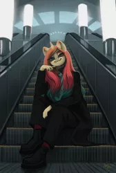 Size: 2088x3104 | Tagged: safe, artist:amishy, derpibooru import, oc, oc:sheron, unofficial characters only, anthro, plantigrade anthro, unicorn, escalator, female, hand on chin, high res, image, jpeg, looking at you, smiling, smiling at you