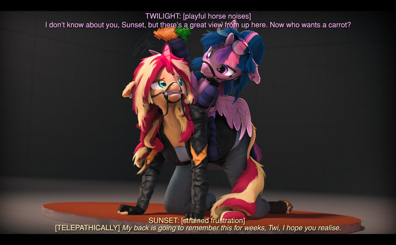 Size: 9600x5934 | Tagged: suggestive, artist:imafutureguitarhero, derpibooru import, sci-twi, sunset shimmer, twilight sparkle, twilight sparkle (alicorn), alicorn, anthro, classical unicorn, pony, unguligrade anthro, unicorn, 3d, :p, absurd file size, absurd resolution, adorable face, adorkable, all fours, anthro with ponies, back pain, bit, bit gag, black bars, boots, bridle, carrot, cheek fluff, chest fluff, chest freckles, chin fluff, chromatic aberration, clothes, cloven hooves, collar, colored eyebrows, colored eyelashes, conversation, cute, cute porn, derpibooru exclusive, descriptive noise, dialogue, dork, drool, drool on face, duo, ear fluff, ear freckles, ear piercing, earring, female, film grain, fingerless gloves, fluffy, fluffy hair, fluffy mane, food, freckles, fur, gag, glasses, glasses off, gloves, glow, glowing horn, halter, harness, harness bit gag, harness gag, horn, horse noises, image, jacket, jeans, jewelry, jpeg, leather gloves, leather jacket, leather shoes, leonine tail, lesbian, long hair, long mane, looking at each other, looking at someone, magic, mare, multicolored hair, multicolored mane, multicolored tail, neck fluff, nose wrinkle, paintover, pants, peppered bacon, pet play, piercing, playful, pony play, reins, revamped anthros, revamped ponies, riding, scitwilicorn, shipping, shirt, shoes, signature, socks, source filmmaker, spread wings, straining, striped socks, subtitles, sunset shimmer is not amused, sunsetsparkle, tack, tail, tail fluff, telepathy, text, this will end in pain, tongue out, twiabetes, unamused, unshorn fetlocks, varying degrees of amusement, wall of tags, wings