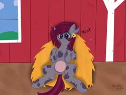 Size: 6000x4500 | Tagged: safe, artist:vespermoon, derpibooru import, oc, oc:vesper moon, unofficial characters only, bat pony, cow, cow pony, barn, ear tag, embarrassed, hay, horns, image, png, udder