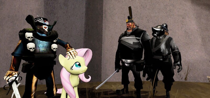 Size: 1280x600 | Tagged: safe, artist:th3m4nw1thn0n4m3, derpibooru import, fluttershy, human, pegasus, pony, 3d, demoman, female, hand on head, hat, heavy weapons guy, helmet, image, jpeg, katana, male, mare, pyro, skull, source filmmaker, sword, team fortress 2, top hat, weapon