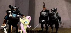 Size: 1280x600 | Tagged: safe, artist:th3m4nw1thn0n4m3, derpibooru import, fluttershy, human, pegasus, pony, 3d, demoman, female, hand on head, hat, heavy weapons guy, helmet, image, jpeg, katana, male, mare, pyro, skull, source filmmaker, sword, team fortress 2, top hat, weapon