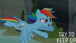 Size: 1280x720 | Tagged: safe, derpibooru import, edit, edited screencap, editor:quoterific, screencap, rainbow dash, pegasus, pony, may the best pet win, season 2, female, flying, image, jpeg, mare, open mouth, open smile, smiling, solo, spread wings, text, wings