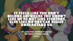 Size: 1280x720 | Tagged: safe, derpibooru import, edit, editor:quoterific, idw, apple bloom, discord, scootaloo, sweetie belle, draconequus, earth pony, pegasus, pony, unicorn, friends forever, spoiler:comic, apple bloom's bow, bow, cutie mark crusaders, female, filly, foal, hair bow, image, jpeg, male, offscreen character, text, trio