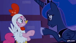 Size: 640x360 | Tagged: safe, derpibooru import, screencap, pinkie pie, princess luna, alicorn, earth pony, pony, luna eclipsed, season 2, animal costume, animated, chicken suit, clothes, costume, crown, duo, eyes closed, female, gif, gifs.com, image, jewelry, mare, open mouth, regalia