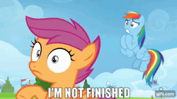 Size: 640x360 | Tagged: safe, derpibooru import, edit, edited screencap, editor:quoterific, screencap, rainbow dash, scootaloo, spitfire, pegasus, pony, season 8, the washouts (episode), spoiler:s08, animated, eyes closed, female, filly, flying, foal, gif, gifs.com, image, impact font, mare, open mouth, open smile, smiling, spread wings, trio, wings