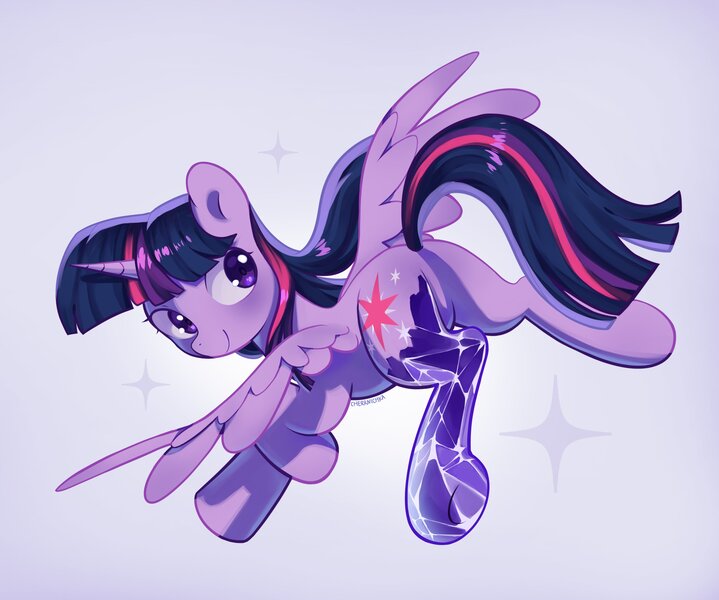 Size: 3304x2757 | Tagged: safe, artist:cherrnichka, derpibooru import, twilight sparkle, twilight sparkle (alicorn), alicorn, crystal pony, pony, butt, crystallized, female, gradient background, horn, image, jpeg, looking back, mare, plot, smiling, solo, underhoof, wings