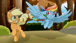 Size: 6324x3584 | Tagged: safe, artist:enviaart, derpibooru import, applejack, rainbow dash, earth pony, pegasus, pony, fall weather friends, absurd resolution, duo, duo female, female, flying, image, mare, png, running of the leaves