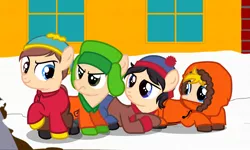Size: 2281x1369 | Tagged: safe, artist:whiteplumage233, derpibooru import, ponified, earth pony, pony, clothes, colt, eric cartman, foal, image, kenny mccormick, kyle broflovski, male, png, south park, stan marsh