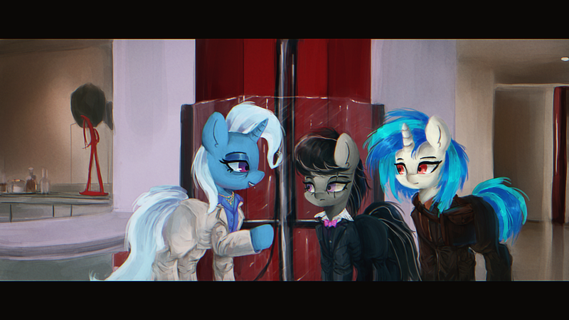 Size: 1920x1080 | Tagged: safe, artist:menalia, derpibooru import, octavia melody, trixie, vinyl scratch, earth pony, pony, unicorn, bag, clothes, female, image, mare, movie reference, pants, png, scar, scarface, shirt, suit