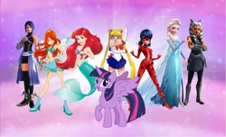 Size: 4600x2800 | Tagged: safe, artist:andoanimalia, derpibooru import, twilight sparkle, twilight sparkle (alicorn), alicorn, fairy, human, mermaid, ahsoka tano, aqua (kingdom hearts), ariel, barely pony related, bloom (winx club), crossover, elsa, fairy wings, fish tail, frozen (movie), gradient background, image, kingdom hearts, ladybug (miraculous ladybug), looking at you, magic winx, marinette dupain-cheng, mermaid tail, miraculous ladybug, png, purple background, sailor moon, simple background, sparkly background, star wars, star wars: the clone wars, tail, the little mermaid, usagi tsukino, wings, winx club