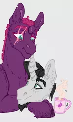 Size: 692x1155 | Tagged: safe, artist:skior, derpibooru import, chancellor neighsay, fizzlepop berrytwist, tempest shadow, pony, unicorn, broken horn, coffee, coffee mug, female, horn, image, jpeg, looking at each other, looking at someone, male, mare, mug, resting, scar, shipping, shipping fuel, stallion