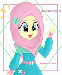 Size: 991x1199 | Tagged: artist needed, source needed, safe, artist:fluttershy_art.nurul, derpibooru import, fluttershy, equestria girls, equestria girls series, clothes, cute, cutie mark, cutie mark on clothes, female, hairpin, hijab, image, islam, islamashy, jpeg, open mouth, open smile, religion, shyabetes, simple background, smiling, solo, waving, white background