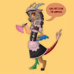 Size: 1080x1080 | Tagged: safe, artist:imdabeca, derpibooru import, discord, draconequus, crossdressing, cute, discute, duster, hand on hip, image, jpeg, maid discord, male, simple background, talking, yellow background