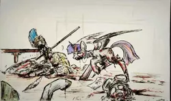 Size: 800x473 | Tagged: semi-grimdark, artist:china consists of them!, derpibooru import, twilight sparkle, amputee, augmentation, badass, battlefield, blood, column, death, decapitated, feather, helmet, image, jpeg, paper, prosthetics, scared, scissor twilight, shield, spear, weapon