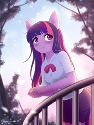 Size: 1800x2400 | Tagged: safe, artist:symbianl, derpibooru import, twilight sparkle, anthro, human, humanized, image, png, railing, solo