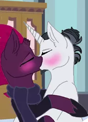 Size: 470x653 | Tagged: safe, artist:decokelow, derpibooru import, chancellor neighsay, fizzlepop berrytwist, tempest shadow, pony, unicorn, base used, blushing, bun hairstyle, clothes, ear fluff, female, hug, image, kissing, makeup, male, png, romance, room, scarf, tunic