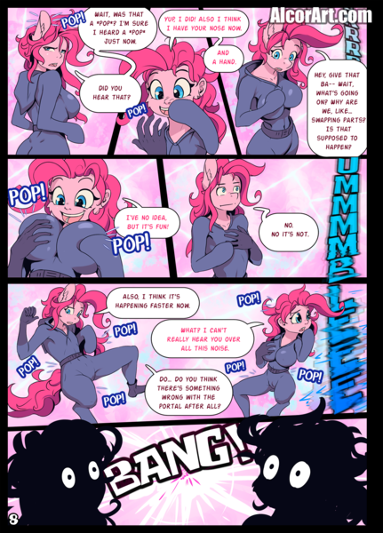 Size: 1275x1775 | Tagged: questionable, artist:alcor, derpibooru import, pinkie pie, earth pony, pony, comic:double trouble (alcor), equestria girls, catsuit, comic, image, png, portal