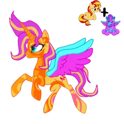 Size: 2499x2499 | Tagged: safe, artist:teepew, artist:vernorexia, derpibooru import, sunset shimmer, oc, unnamed oc, alicorn, pony, adoptable, alicorn princess, blue eyes, coat markings, colored wings, female, flying, fusion, image, markings, multicolored mane, multicolored wings, png, requested art, simple background, solo, swirly markings, transparent background, webkinz, webkinz celestial unicorn, wings