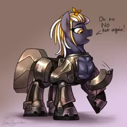 Size: 3000x3000 | Tagged: safe, alternate version, artist:jedayskayvoker, derpibooru import, oc, oc:beatrice, earth pony, pony, fallout equestria, armor, colored sketch, dialogue, dreadlocks, female, funny, gradient background, image, patreon, patreon reward, png, power armor, power rangers, sketch, solo