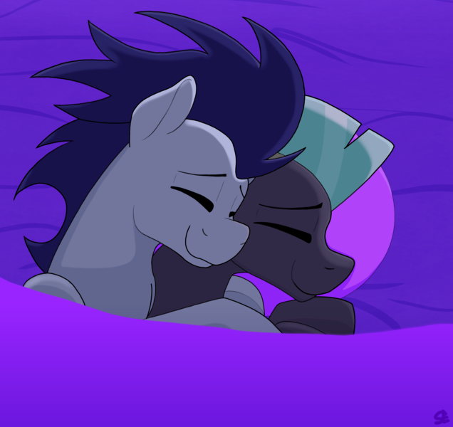 Size: 3624x3418 | Tagged: safe, artist:sefastpone, derpibooru import, soarin', thunderlane, bed, cuddling, digital art, gay, image, male, pillow, png, shipping, sleeping, snuggling, soarilane