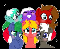 Size: 4300x3500 | Tagged: safe, artist:chocolate, derpibooru import, oc, oc:cinnamon swirl, oc:deedee, oc:emerald wave, oc:majestic circlet, oc:pewter, oc:zap transfer, merpony, pony, unicorn, blushing, group hug, group photo, hug, image, markings, png