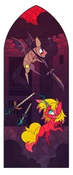 Size: 1254x3000 | Tagged: safe, artist:k-irie, derpibooru import, oc, oc:cinnamon swirl, oc:senka stargazer, pony, succubus, unicorn, fight, glaive, image, knife, magic, png, stained glass, stained glass window, sword, weapon