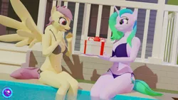 Size: 3840x2160 | Tagged: suggestive, artist:pootanger_sfm, derpibooru import, oc, oc:fiona mahri, oc:violet heart, anthro, pegasus, unicorn, 3d, belly button, big breasts, bikini, birthday, blender, breasts, clothes, happy, horn, image, not sfm, outdoors, pegasus oc, png, poolside, present, small breasts, smiling, spread wings, swimming pool, swimsuit, unicorn oc, wings