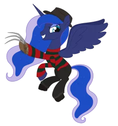 Size: 1555x1655 | Tagged: safe, artist:dyonys, derpibooru import, part of a set, princess luna, alicorn, pony, series:horrorverse, claw, clothes, female, flying, freddy krueger, hat, hoof blades, image, mare, nightmare on elm street, png, simple background, solo, transparent background