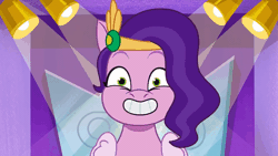 Size: 800x450 | Tagged: safe, derpibooru import, edit, edited screencap, screencap, pipp petals, pegasus, pony, mane melody, my little pony: tell your tale, spoiler:g5, spoiler:my little pony: tell your tale, spoiler:tyts01e05, animated, crazy face, creepy, creepy smile, eye twitch, faic, female, g5, gif, grin, image, mare, shrunken pupils, smiling, solo, stage light, wings