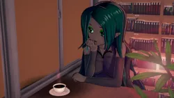 Size: 2560x1440 | Tagged: safe, artist:ratachu666, derpibooru import, queen chrysalis, human, equestria girls, 3d, arm warmers, book, bookshelf, clothes, coffee, cup, female, hand, humanized, image, koikatsu, png, shirt, sitting, solo, solo female