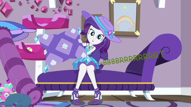 Size: 995x560 | Tagged: suggestive, artist:thedarkpony, derpibooru import, edit, edited screencap, screencap, rarity, camping must-haves, equestria girls, equestria girls series, rarity takes manehattan, spoiler:eqg series (season 2), fart, fart edit, fart noise, female, image, onomatopoeia, png, sitting, sound effects