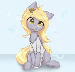 Size: 1500x1431 | Tagged: safe, artist:inky_mitts, derpibooru import, derpy hooves, pegasus, pony, :p, alternate hairstyle, blushing, bubble, clothes, cute, derpabetes, female, hair accessory, image, mare, png, shirt, shirt pull, solo, t-shirt, tongue out