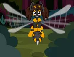 Size: 2744x2103 | Tagged: safe, artist:badumsquish, derpibooru import, oc, unofficial characters only, insect, original species, wasp, wasp pony, abdomen, antennae, derpibooru exclusive, female, floating, flying, forest, frown, grin, image, like what you see?, looking at you, pigtails, png, show accurate, smiling, smirk, solo, stinger, tree