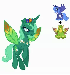 Size: 3266x3464 | Tagged: safe, artist:lavender-bases, artist:vernorexia, derpibooru import, princess luna, oc, unnamed oc, alicorn, dryad, unicorn, daisy chain, floral head wreath, flower, flower in hair, flying, fusion, g4, green coat, green hair, image, jewelry, jpeg, leaf, leaf wings, necklace, requested art, s1 luna, short hair, simple background, solo, webkinz, white background, wings