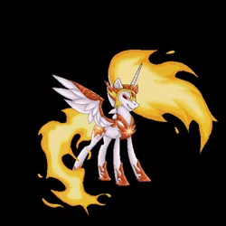 Size: 1568x1568 | Tagged: safe, artist:fennelamoltencandy, derpibooru import, daybreaker, alicorn, pony, black background, evil grin, grin, image, jpeg, mane of fire, pixel art, simple background, smiling, solo, tail, tail of fire