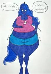 Size: 2433x3491 | Tagged: suggestive, artist:thaliaglacyswells, derpibooru import, princess luna, anthro, belly, breasts, cleavage, comic, image, inflation, jpeg, spherical inflation, stomach noise, thighs, traditional art