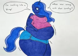 Size: 3502x2522 | Tagged: suggestive, artist:thaliaglacyswells, derpibooru import, princess luna, anthro, belly, comic, image, inflation, jpeg, spherical inflation, stomach noise, thighs, traditional art