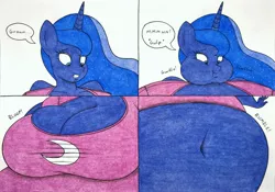 Size: 3544x2481 | Tagged: suggestive, artist:thaliaglacyswells, derpibooru import, princess luna, anthro, belly, belly button, breasts, cleavage, comic, image, inflation, jpeg, puffy cheeks, spherical inflation, stomach noise, traditional art