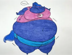 Size: 3528x2675 | Tagged: suggestive, artist:thaliaglacyswells, derpibooru import, princess luna, anthro, belly, belly button, breasts, cleavage, comic, image, inflation, jpeg, spherical inflation, stomach noise, traditional art