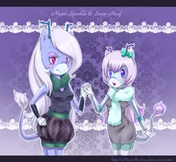 Size: 1300x1200 | Tagged: safe, artist:churobu, derpibooru import, oc, oc:moon sparkle, unofficial characters only, anthro, deer, hybrid, unideer, antlers, clothes, duo, eyelashes, female, hand on hip, holding hands, image, png, scarf, smiling